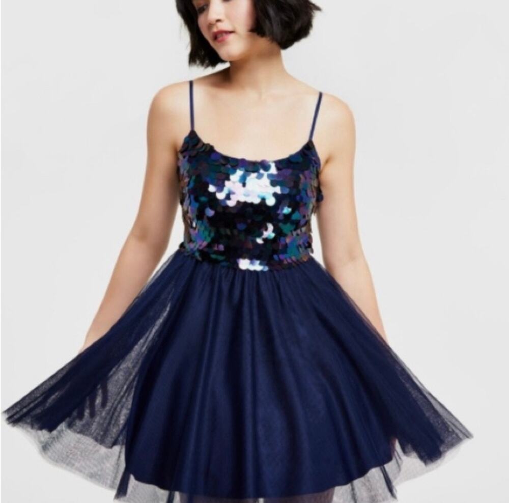 City Studio Navy Iridescent Giant Sequin Mesh Mini Dress 15/16 NWT